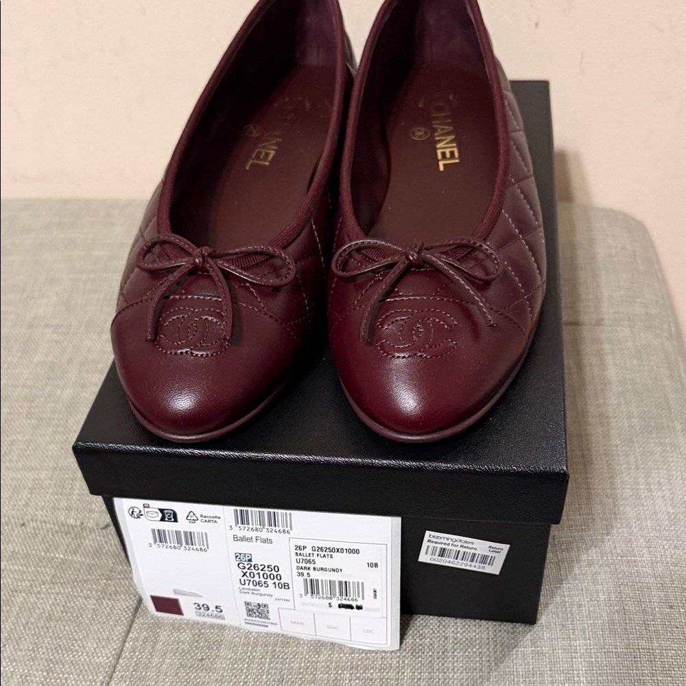 CHANEL Dark Red Quilted Flats